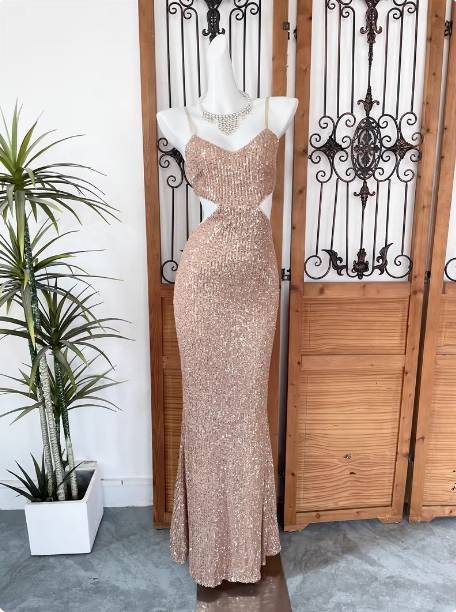Sexy Champagne Pink Mermaid Spaghetti Strap Waist Cutout Sequin Long Prom Dress Evening Dress P4542