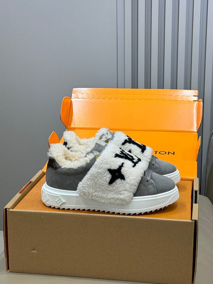 LV 25 Velcro Furry Sneakers Gray White Suede Wool 576950