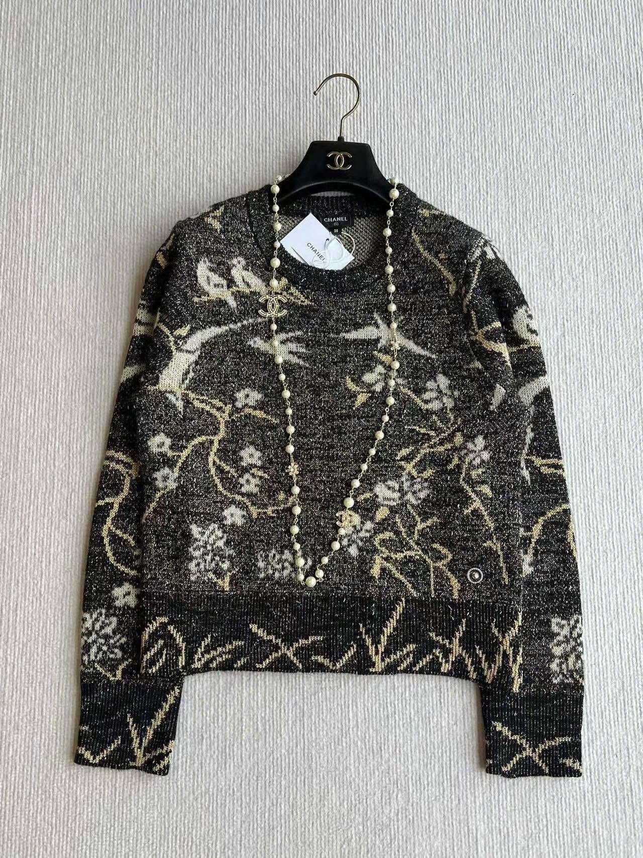 CC Sweater in Navy Blue Gold Wool and Metal Film