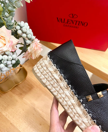 Valentino Rockstud Embellished Slip On Espadrille Black Cowhide 240572