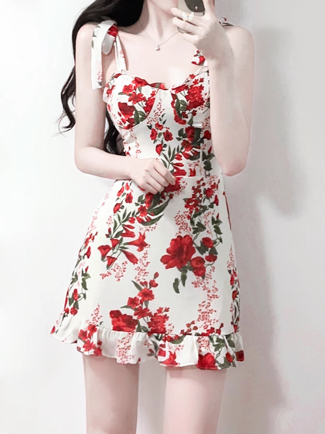 2025 Summer New French High Waist Holiday Red Floral Sling Short Dress R0961