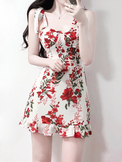 2025 Summer New French High Waist Holiday Red Floral Sling Short Dress R0961
