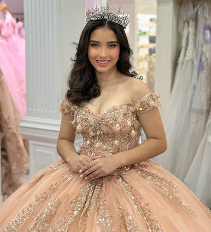 Elegant Champagne Beaded Sequined Shimmering Tulle Off-Shoulder Quinceanera Ball Gown TP5235