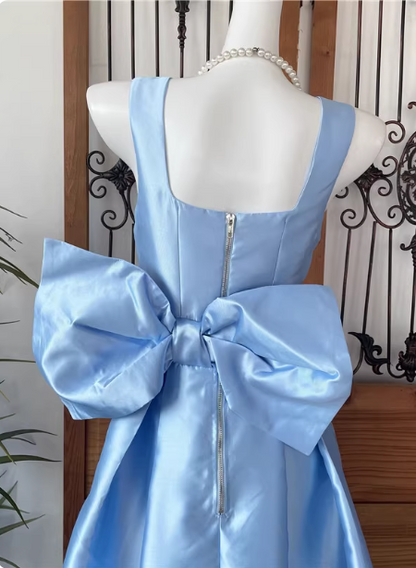 Princess Elegant Blue Square Neck Bow Satin Long Prom Dress Evening Dress P4545