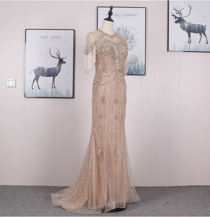 Gorgeous Nude Pink Mermaid Crew Neck Fringed Sleeve Beaded Tulle Train Prom Dress Evening Dress P4547