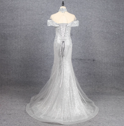 Gorgeous Silver Mermaid Off-the-shoulder Beaded Sparkly Tulle Train Prom Dress Evening Dress P4549
