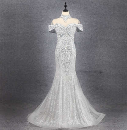 Gorgeous Silver Mermaid Off-the-shoulder Beaded Sparkly Tulle Train Prom Dress Evening Dress P4549