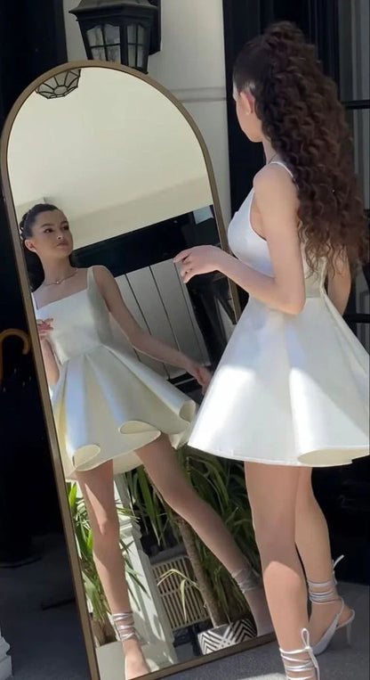 Vintage White Satin Short A-Line Party Dress Cocktail Dress Homecoming Dress TP4448