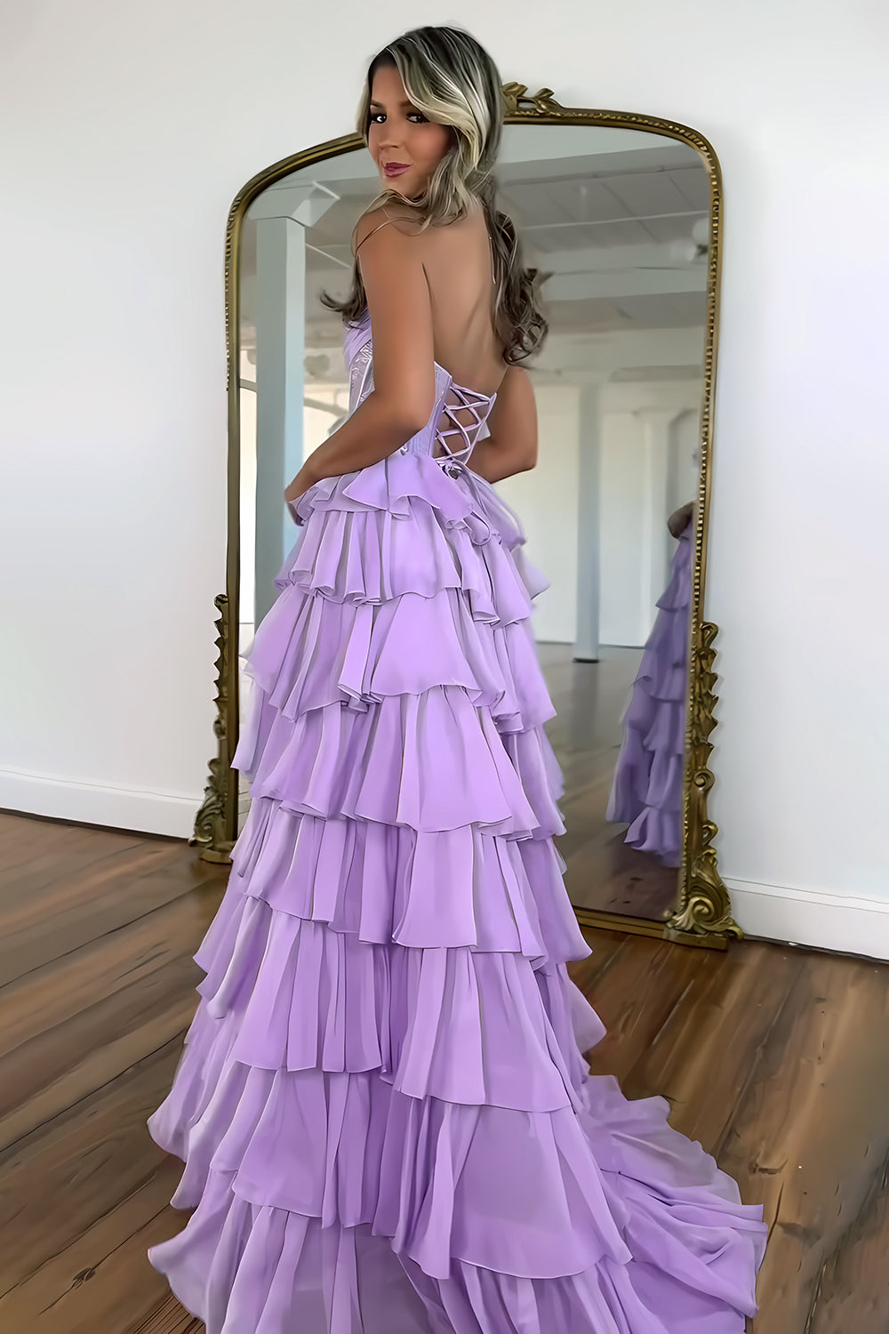 Yellow Strapless Corset A-Line Prom Dress with Layered Ruffle Skirt and Slit
