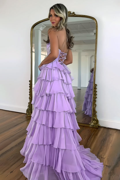 Yellow Strapless Corset A-Line Prom Dress with Layered Ruffle Skirt and Slit