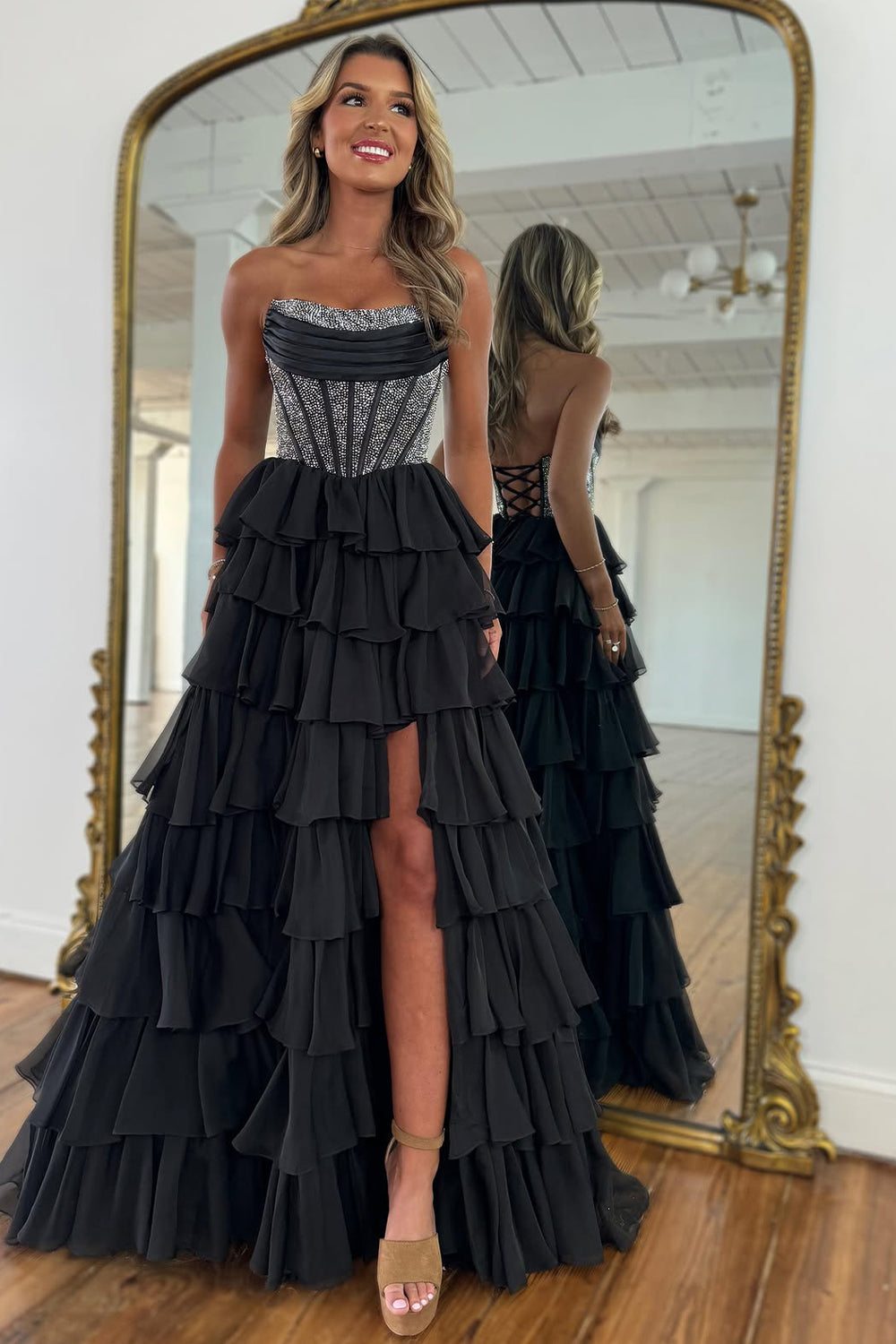 Yellow Strapless Corset A-Line Prom Dress with Layered Ruffle Skirt and Slit