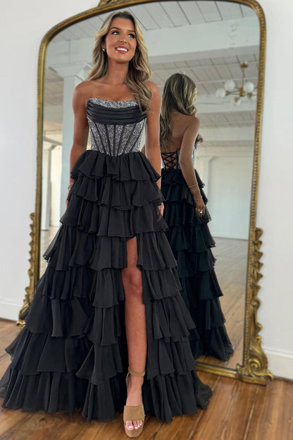 Yellow Strapless Corset A-Line Prom Dress with Layered Ruffle Skirt and Slit