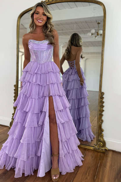 Yellow Strapless Corset A-Line Prom Dress with Layered Ruffle Skirt and Slit