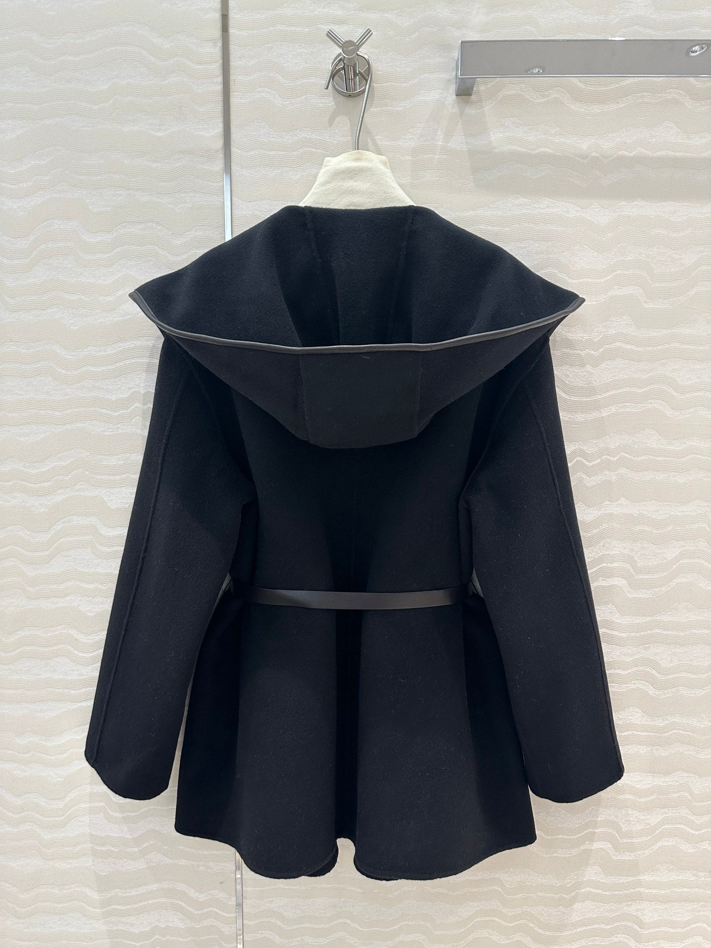 BV Hooded Leather Belt Coat in Black Cashmere
