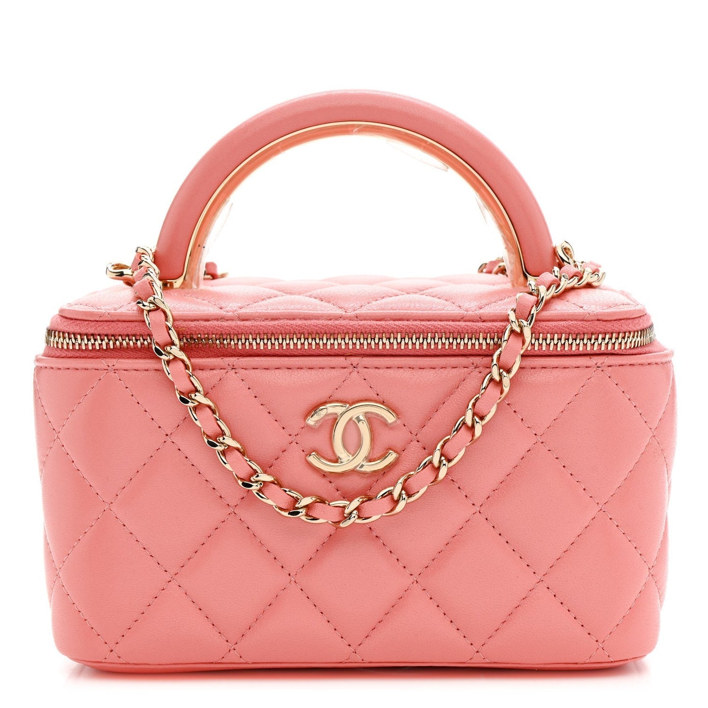 Lambskin Quilted Small Charming Top Handle Vanity Case With Chain Pink