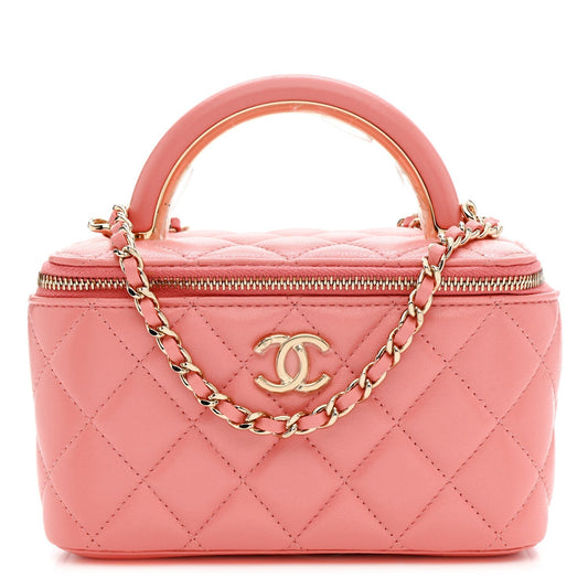 Lambskin Quilted Small Charming Top Handle Vanity Case With Chain Pink