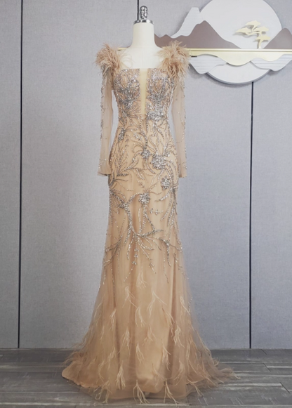 Vintage Champagne Mermaid Long Sleeve Square Neck Feather Beaded Tulle Long Prom Dress Evening Dress P4550