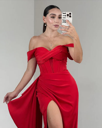 Chic Vibrant Red Satin Off-Shoulder Sheath High Slit Evening Gown Prom Dress TP5240