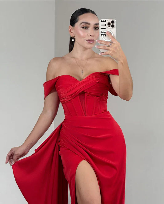 Chic Vibrant Red Satin Off-Shoulder Sheath High Slit Evening Gown Prom Dress TP5240