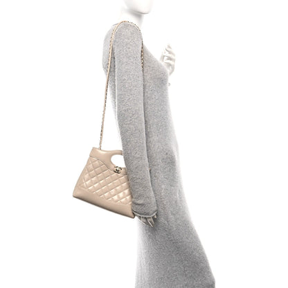 Shiny Crumpled Calfskin Quilted Mini 31 Shopping Bag Beige