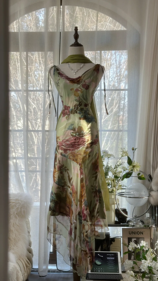 Elegant Green Fairy Gorgeous Floral Long Chiffon Spaghetti Strap Romantic Ball Gown Evening Dress Prom Dresses TP3968
