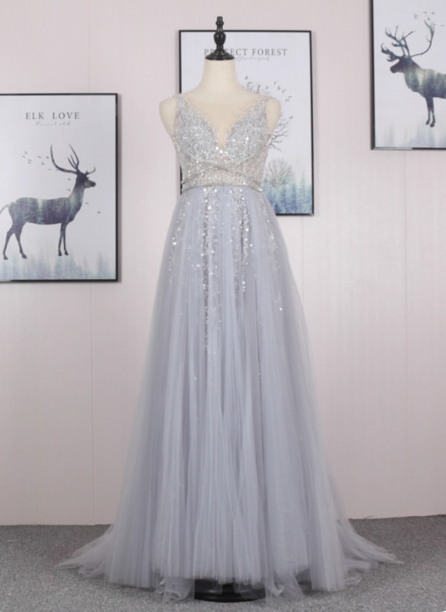 Dreamy Princess A-line V-neck Train Sequin Tulle Prom Dress Evening Dress P4551