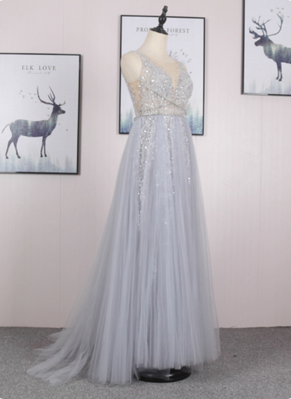 Dreamy Princess A-line V-neck Train Sequin Tulle Prom Dress Evening Dress P4551
