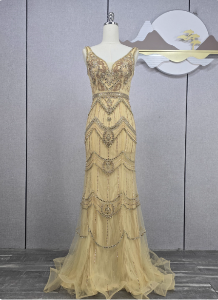 Vintage Champagne Gold Mermaid V-neck Beaded Embroidered Tulle Long Prom Dress Evening Dress P4552