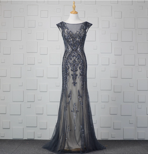 Vintage Gradient Grey-blue Mermaid Crew Neck Beaded Sequin Tulle Long Prom Dress Evening Dress P4553