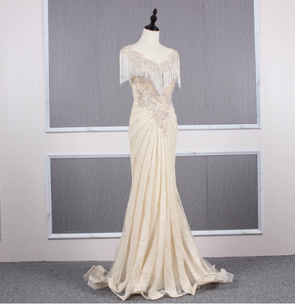Vintage Off-white Mermaid Crew Neck Fringed Beaded Lace Train Prom Dress Evening Dress P4556