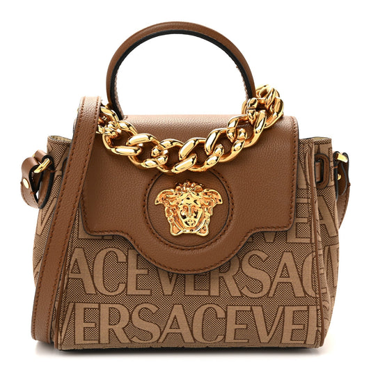 Calfskin Canvas Allover La Medusa Small Top Handle Handbag Brown