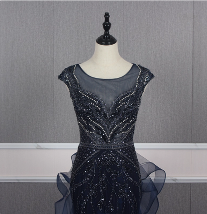 Vintage Navy Blue Mermaid Crew Neck Beaded Tulle Train Prom Dress Evening Dress P4558