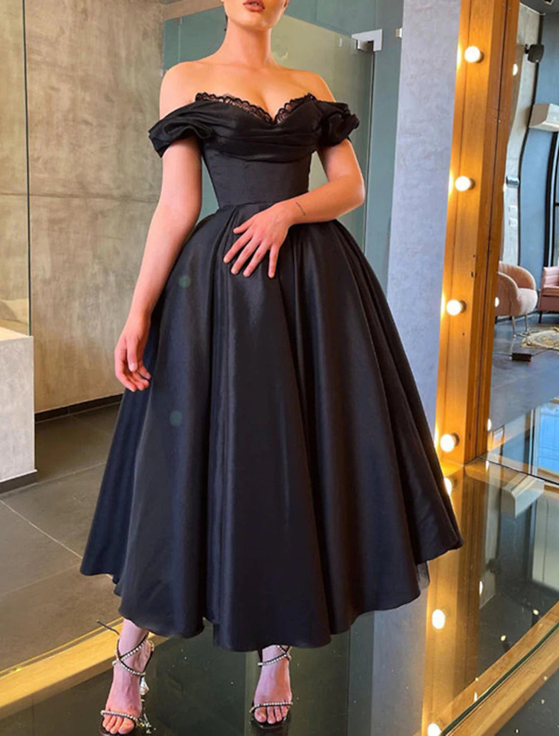 omberprom A-Line Prom Dresses Elegant Dress Masquerade Formal Dresses Wedding Party Tea Length Short Sleeve Off Shoulder Fall Wedding Guest Satin