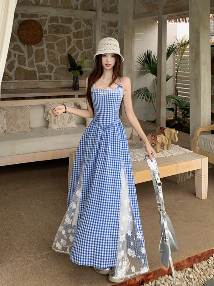 Fairy pure waist skirt suspenders plaid long skirt lace holiday style dress R1753