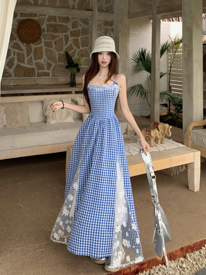 Fairy pure waist skirt suspenders plaid long skirt lace holiday style dress R1753