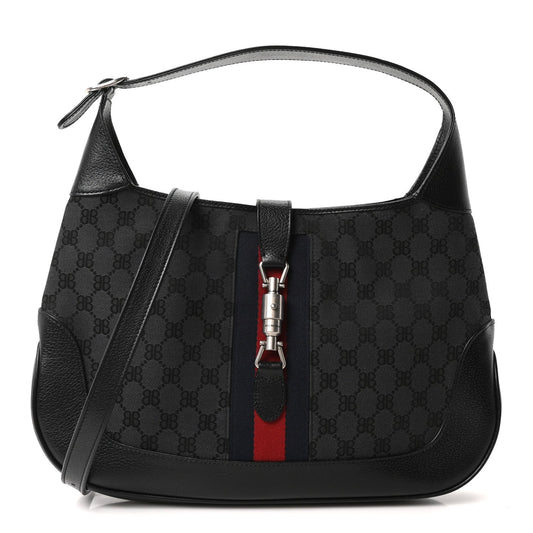 X BALENCIAGA Supreme Monogram Calfskin Web Medium Jackie 1961 Hobo Black