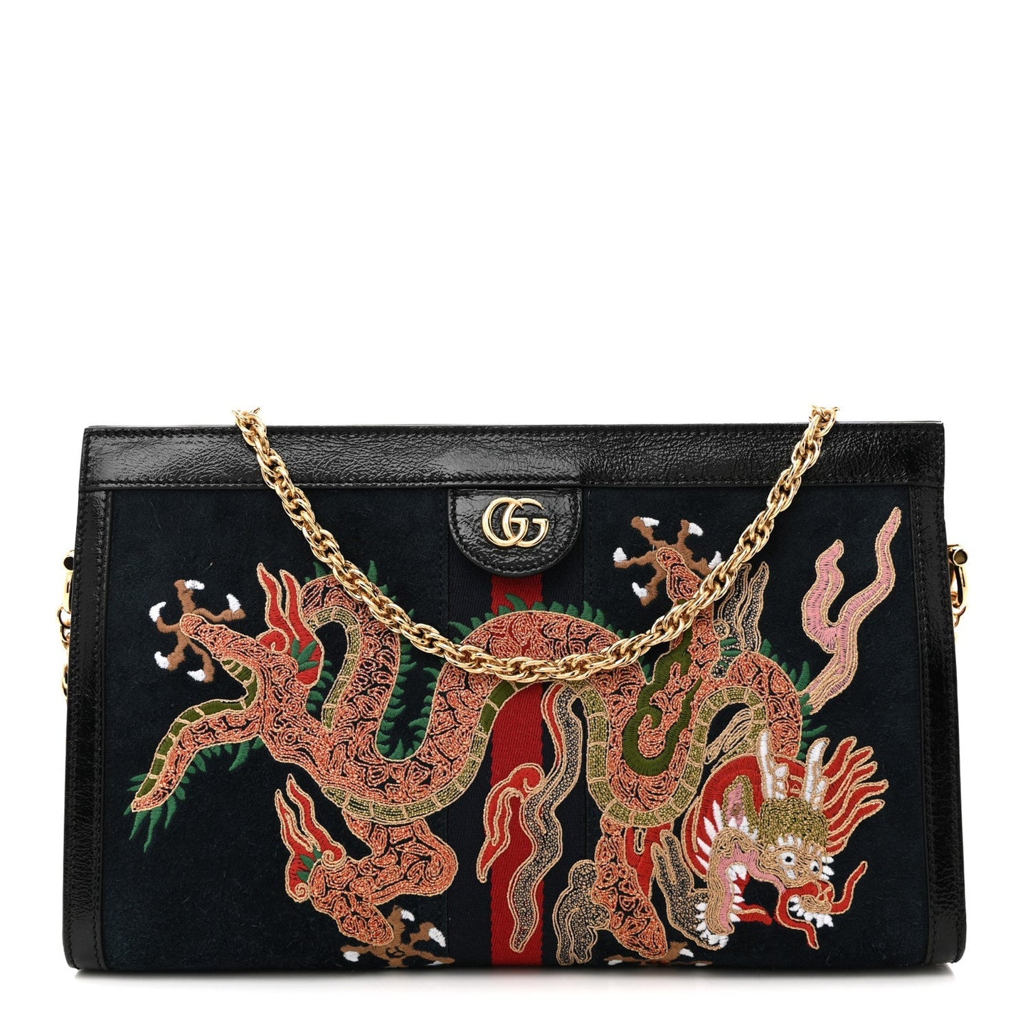 Suede Patent Web Dragon Embroidered Medium Ophidia Chain Shoulder Bag Blue Multicolor Black
