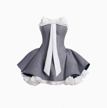 Ballet style bow tube top dress 2025 Thousand gold feeling waist puffy short skirt R1126
