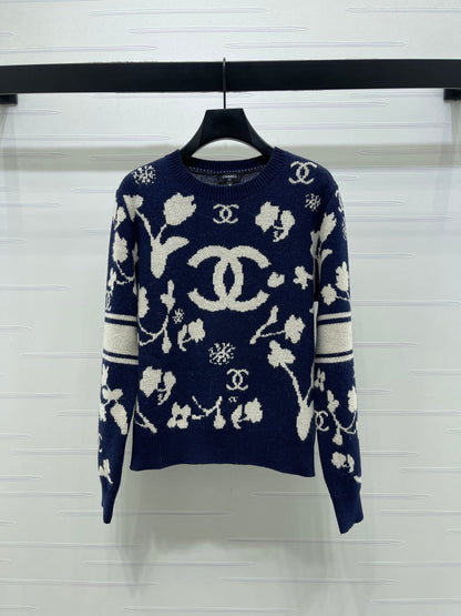 CC Double C Floral Jacquard Long-Sleeved Sweater Navy Blue Cashemere 344097