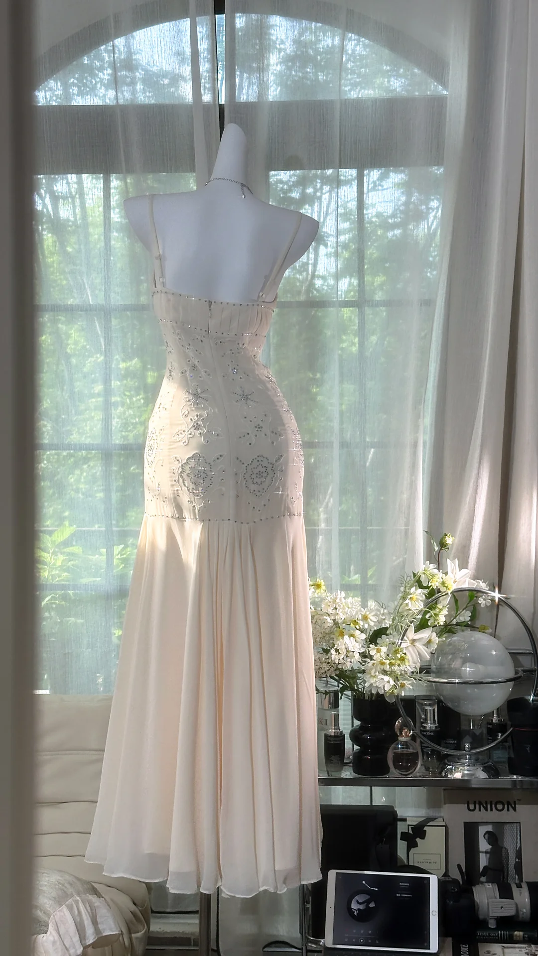 Shiny Ivory Sequined Sweetheart Spaghetti Strap Design Chiffon Prom Dress Evening Dress TP4243