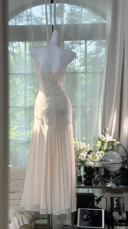 Shiny Ivory Sequined Sweetheart Spaghetti Strap Design Chiffon Prom Dress Evening Dress TP4243