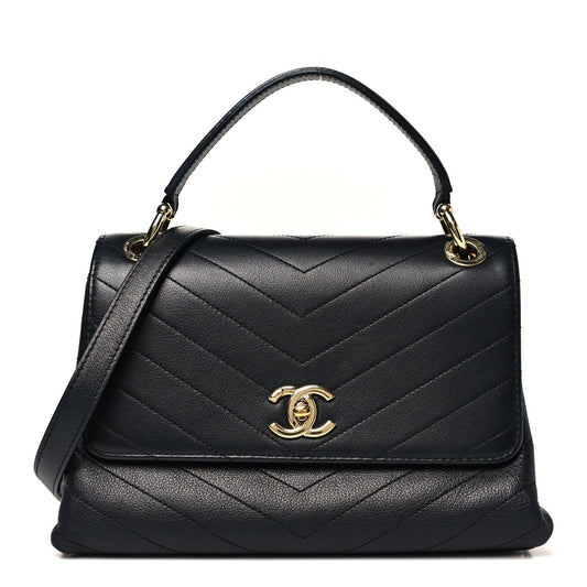 Grained Calfskin Chevron Stitched Small Chic Top Handle Flap Black