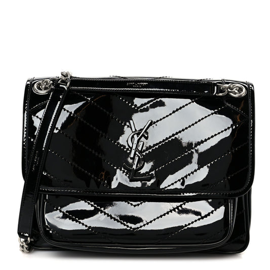 Faux Patent Matelasse Monogram Medium Niki Chain Satchel Black