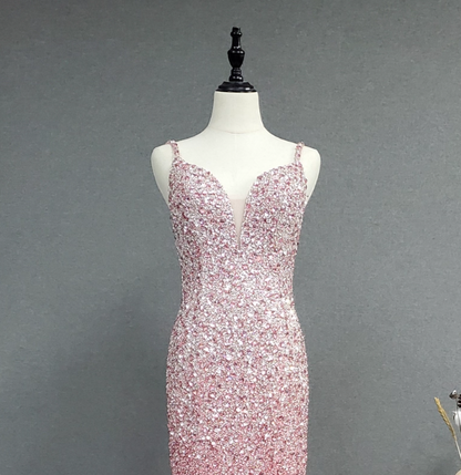 Elegant Pink Mermaid V-neck Spaghetti Strap Full Rhinestone Slit Tulle Train Prom Dress Evening Dress P4562