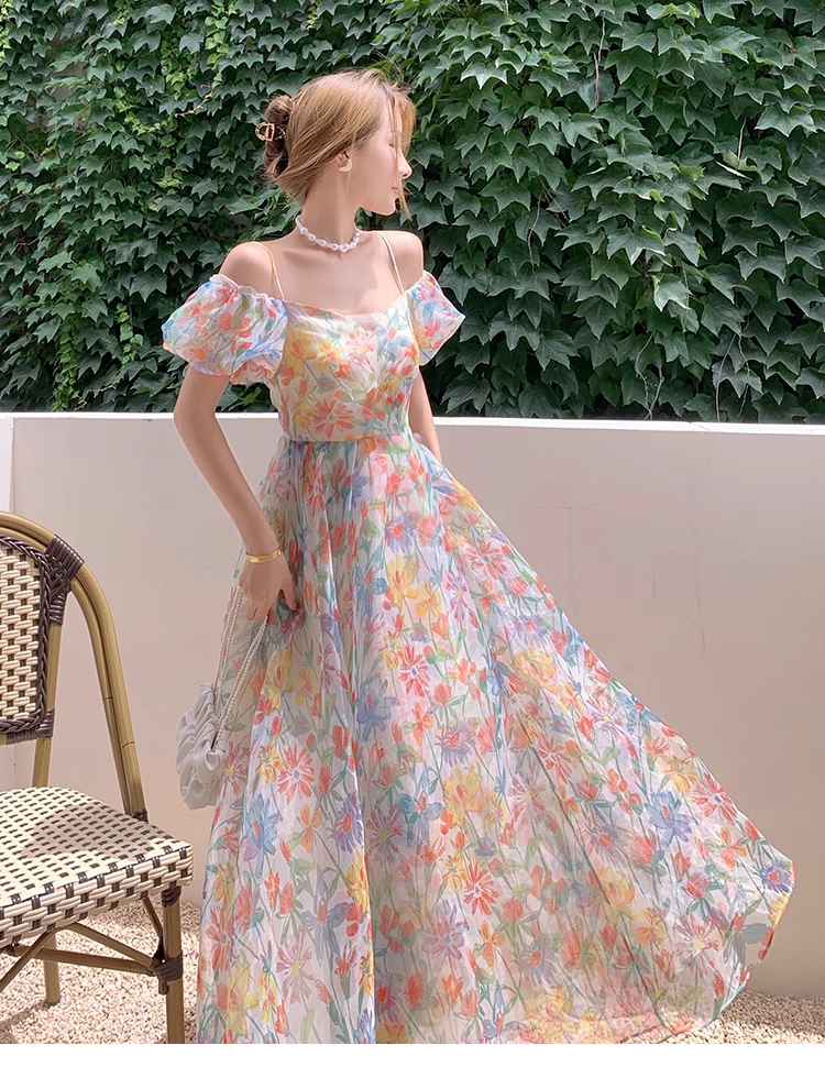 New Elegant Floral Design Puff Sleeves Princess Style Spaghetti Strap Dress TP3020