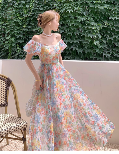 New Elegant Floral Design Puff Sleeves Princess Style Spaghetti Strap Dress TP3020