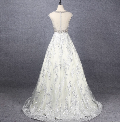 Gorgeous Off-white Crew Neck Beaded Embroidered Tulle Long Prom Dress Evening Dress P4563