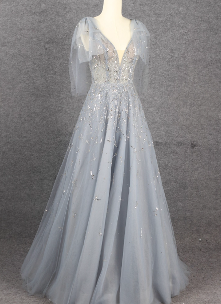 Elegant Smoky Blue Deep V Sequin Tulle Long Prom Dress Evening Dress Bridesmaid Dress P4564