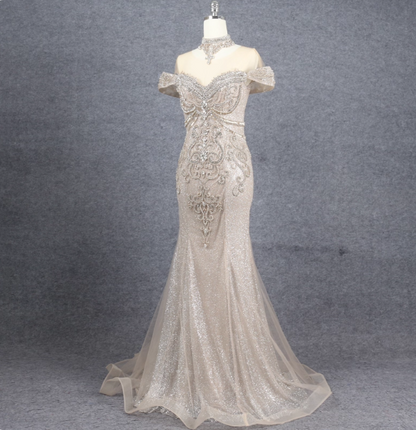 Luxurious Champagne Gold Mermaid Off-the-shoulder Beaded Tulle Long Prom Dress Evening Dress P4565