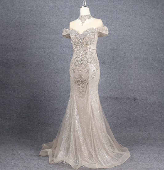 Luxurious Champagne Gold Mermaid Off-the-shoulder Beaded Tulle Long Prom Dress Evening Dress P4565